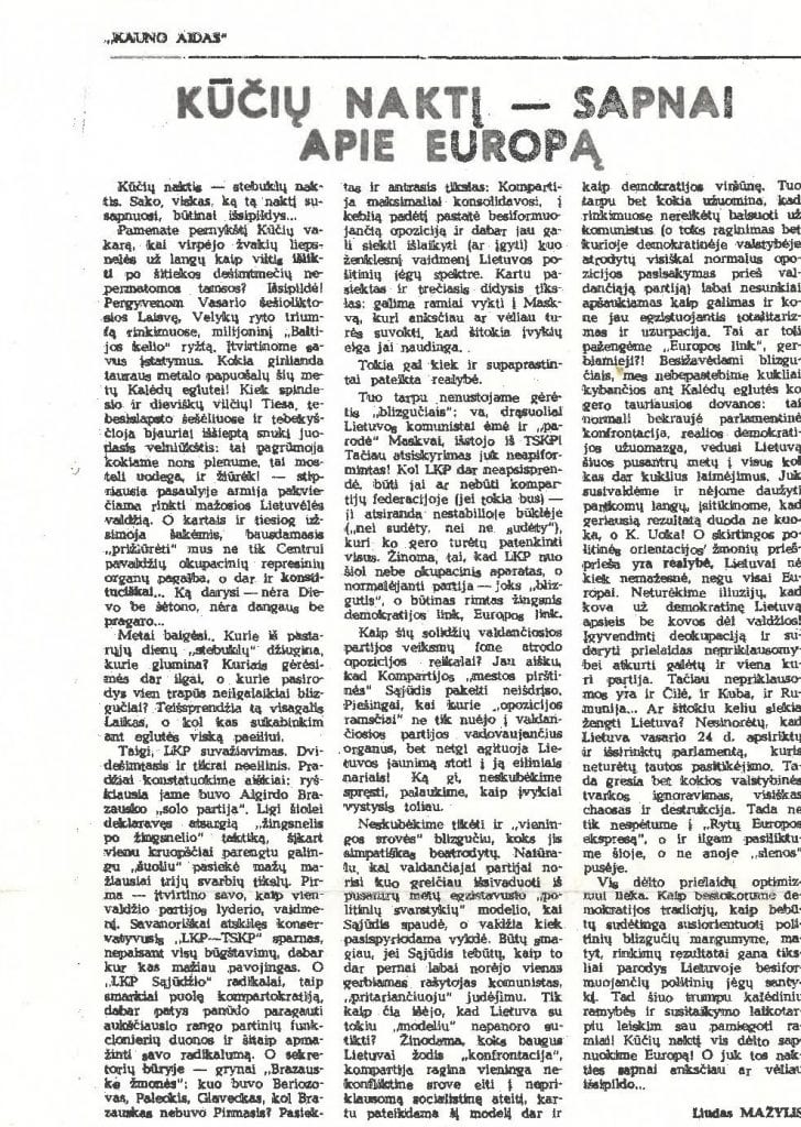 Kauno aidas. 1990-m. sausio 4-17-d. numeris. Liudo Mažylio straipsnis